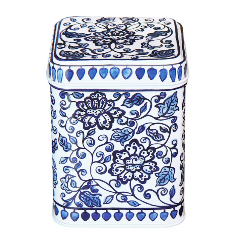 Blik Bloemen blauw-wit 7,4 x 7,4 x 9,5cm