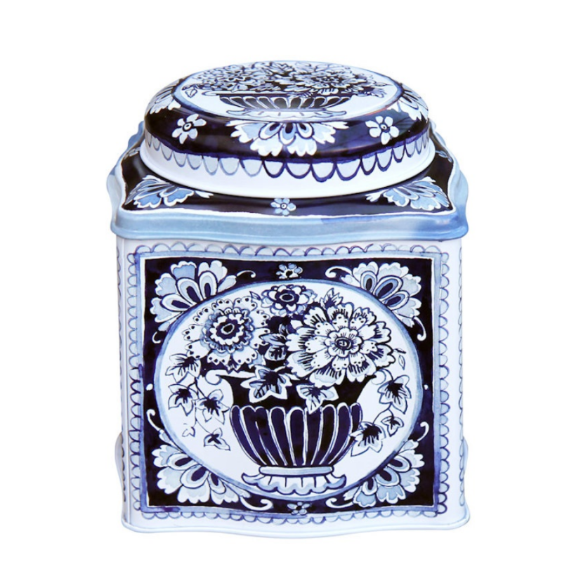 Blik Tea Bloemen blauw-wit 10,5 x 10,5 x 11cm