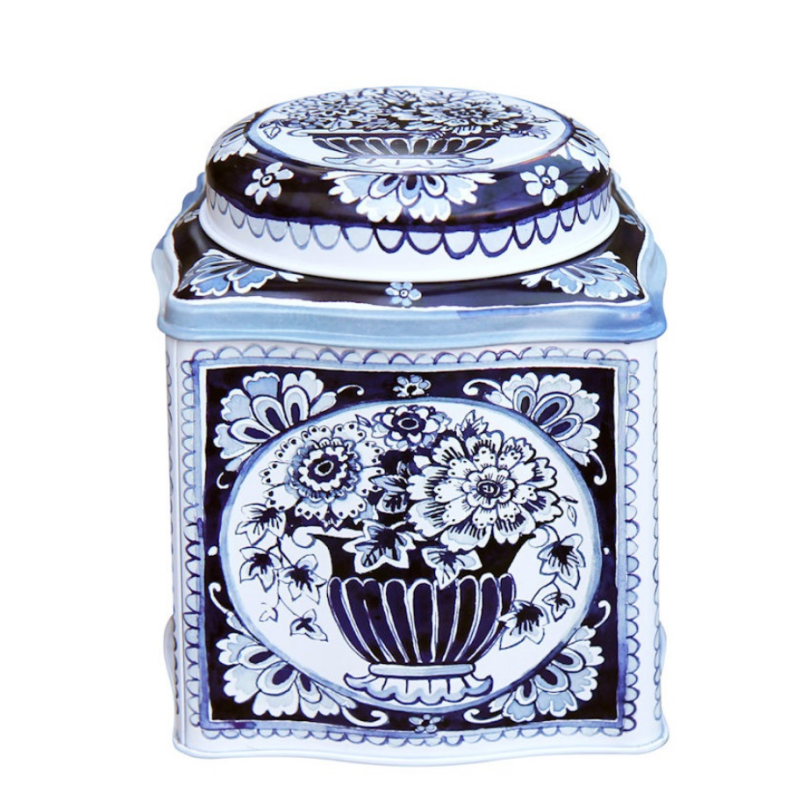 Blik Tea Bloemen blauw-wit 10,5 x 10,5 x...